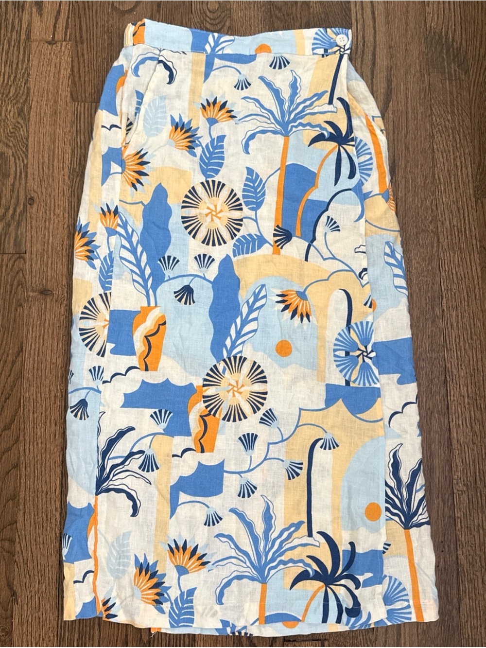 Nicole Miller 100% Linen Resort Floral Tropical Blue Maxi Wrap Skirt w Pockets S